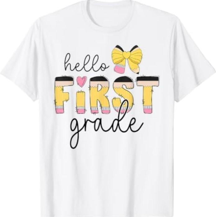 1Hello First 1st Grade Teacher Kid Squad Coquette Bow Pencil T-Shirt