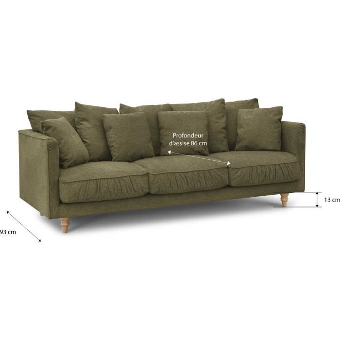 CONSTANCE 4-seater Fixed Sofa - Green Fabric - Solid Wood Legs - L 212 X H 87 X D 93 Cm