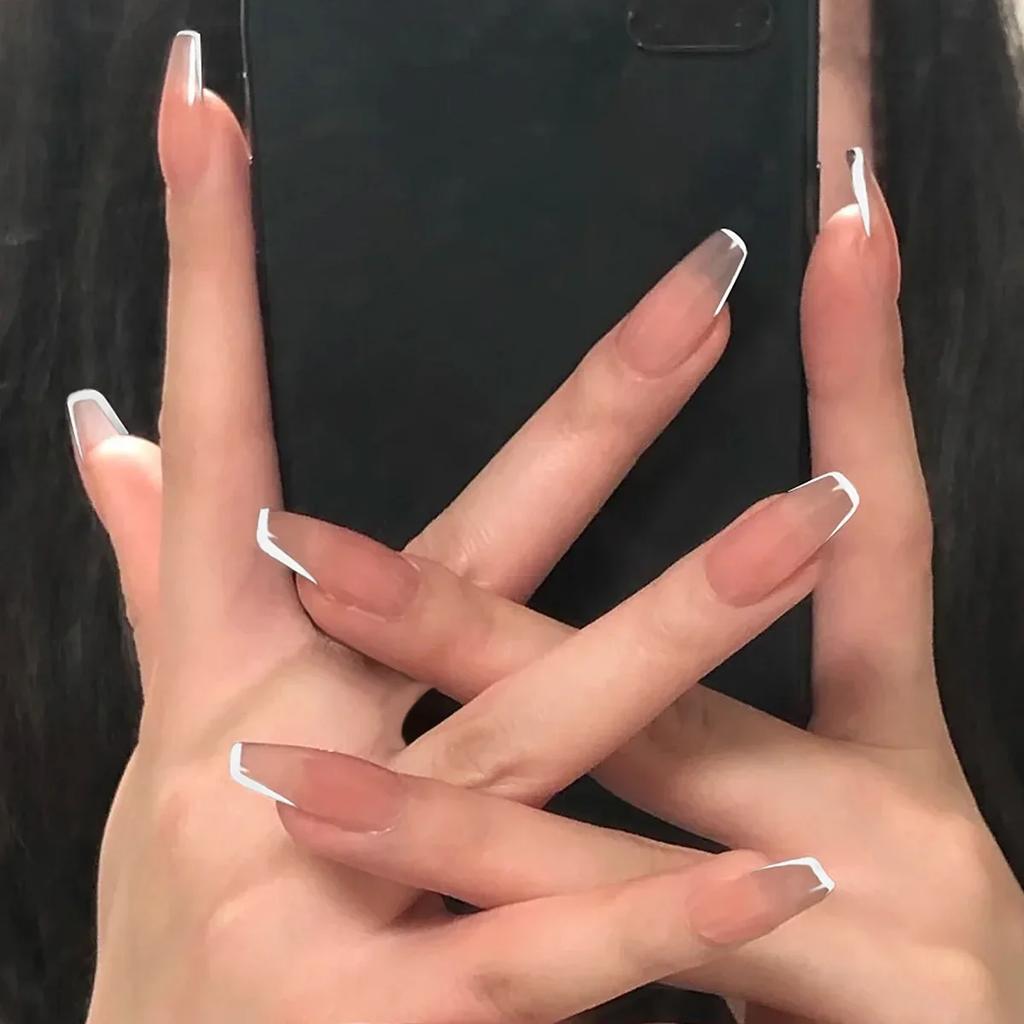 24Pcs Almond Long French Fake Nails Pointed Glossy White Edge Artificial Acrylic Press On Nails Removable Nail Art Tips