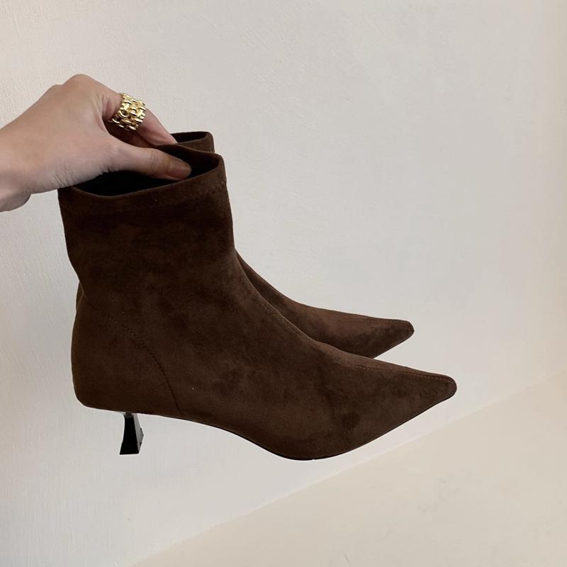 

Fashion SUOJIALUN 2025 Winter New Brand Women Ankle Boots Fashion Pointed Toe Slip On Short Boots Shoes Thin Med Heel Dress Pumps 39 кофейный