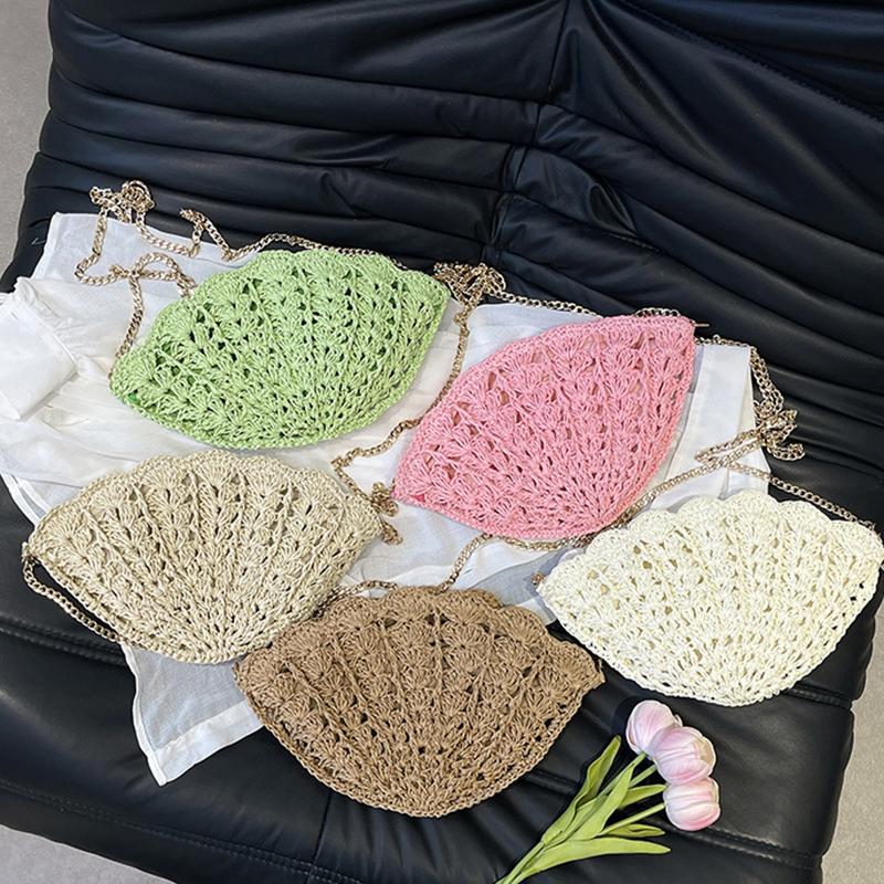 Die Vintage Muschelform Handgewebte Stroh-Schultertasche Sommer Strand Handgemachte Kette Hohl-Crossbody-Tasche