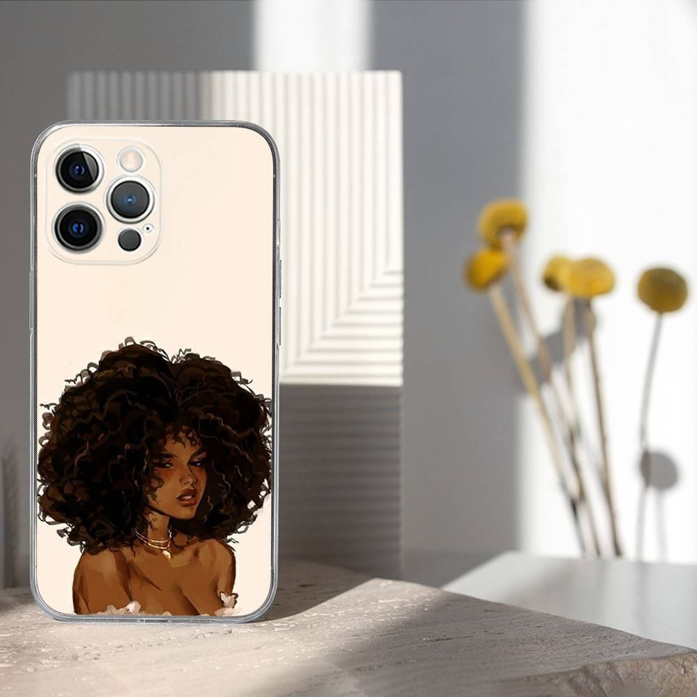 Afro Black Girl Cute Cartoon Phone Case For iPhone 17,16,15,14,13,12,11 Pro,Max,Plus,X,XS,XR,SE4,E Mini Transparent Soft Cover