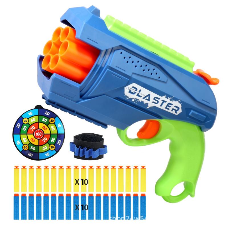 Children 6-Shot Soft Bullet Gun with 20 Bullets Target Wristband Manual Toy Gun Indoor Outdoor Shooting Games Kids Gifts
