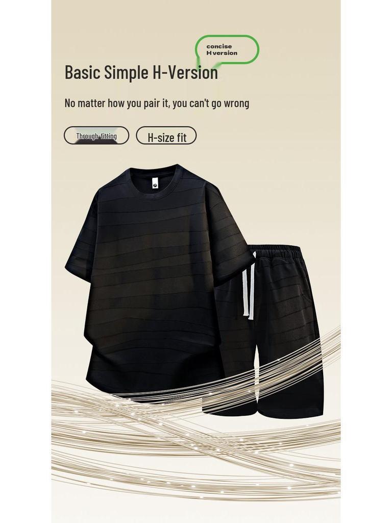Trendy Men's Summer Jacquard Short Sleeve Round Neck T-shirt Set
