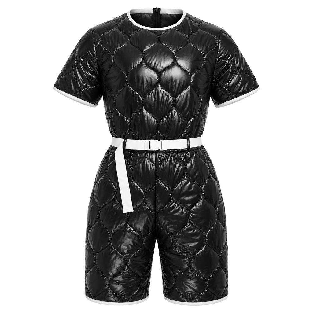 Men Short Sleeve Padded Jumpsuit Water Resistant Back Invisible Zipper Thigh Length Bodysuit with Pockets Adjustable Belt for Easy Dressing