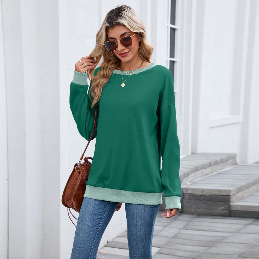 Women's Round Neck Loose Top Long Sleeved Color Blocked Ribbed Sweatshirt