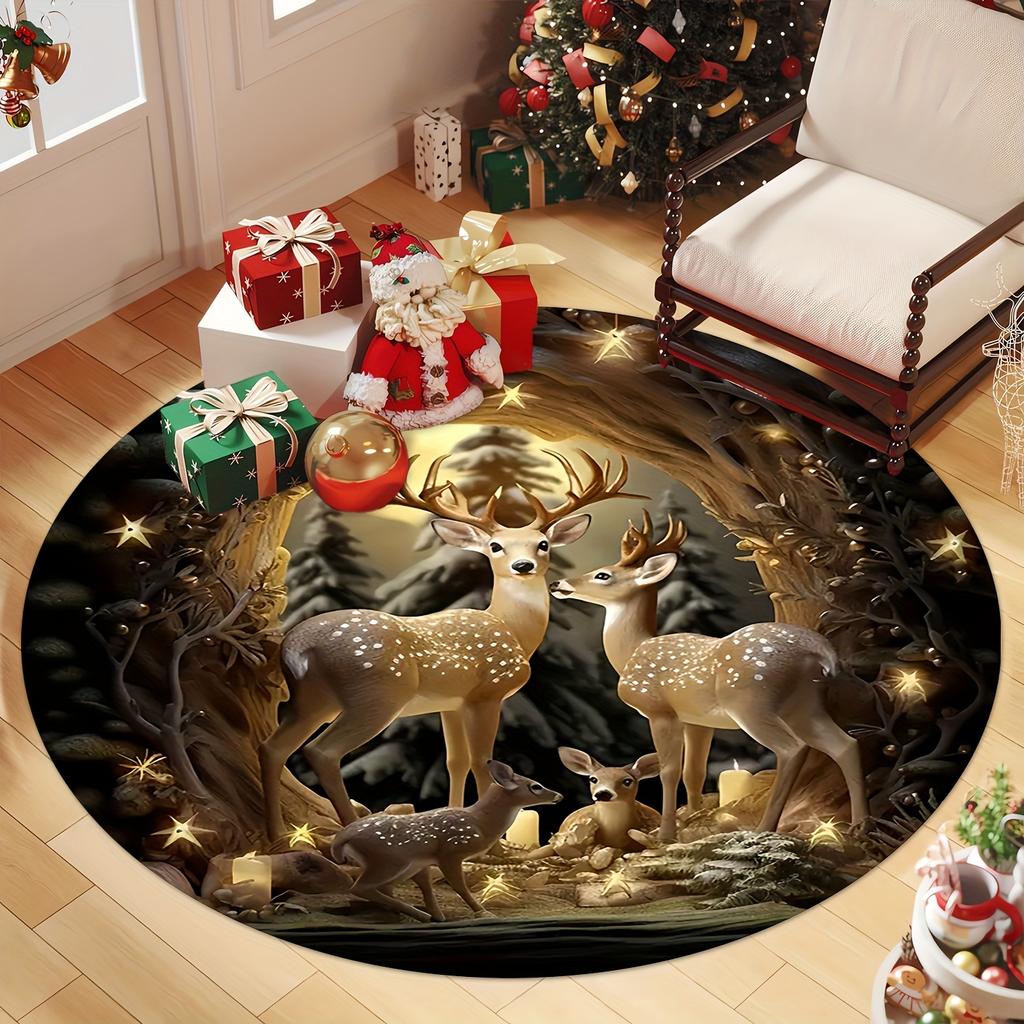 Christmas Reindeer Round Rug, Washable Premium Flannel Doormat for Entrance, Living Room, Bedroom, Patio, Festive Home Decor