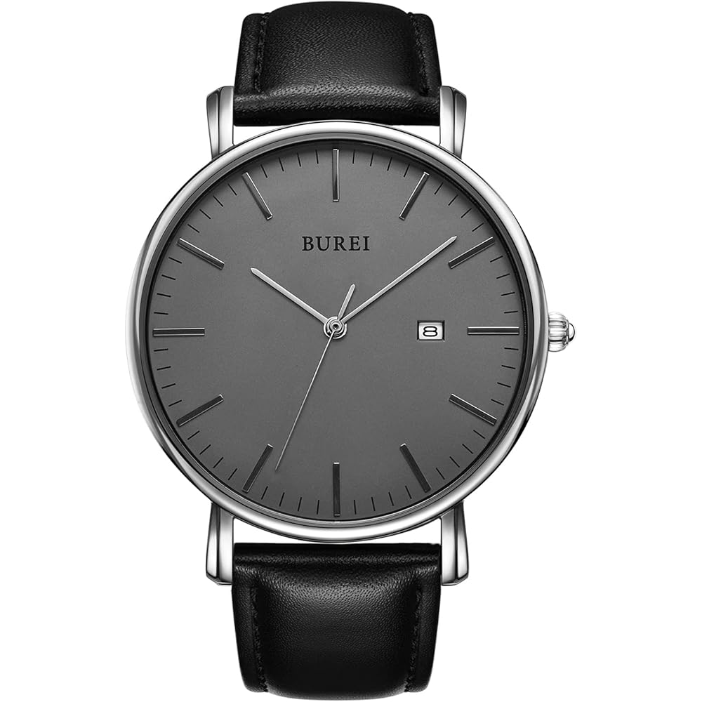 BUREI Men s Analog Quartz Watch Large Dial Date Waterproof Black Leather Simple Design