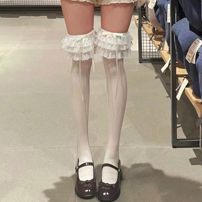 2pcs Ballet Knee High Socks with Bows Lace Top Ruffle Calf Socks Calf Tube Socks