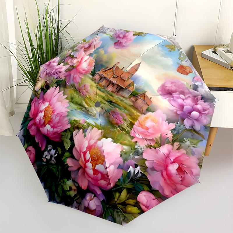 1pc Pastoral Landscape Automatic Open/Close Umbrella - Portable Collapsible Umbrella with 8-Rib Stability, Fashion Lovers yy251017198