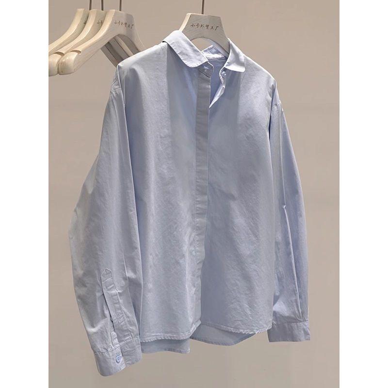 Women Casual Loose Long Sleeve Shirt Pink Turn Down Collar Button Down Blouse S синий