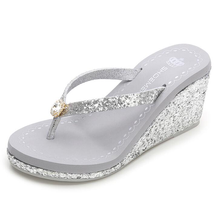 

New summer Sequins Thick Bottom Slippers Sandals Summer Women Beach Wedges Shoes Sexy High Heel Rhinestone Flip Fops women 41