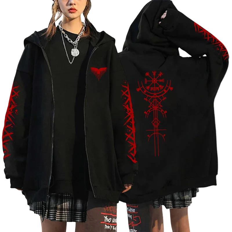 Schwarzer Kapuzenpullover für Damen Kapuzenpullover Wikinger Raben-Print Übergroße Reißverschlussjacke Lässig Trend Mode