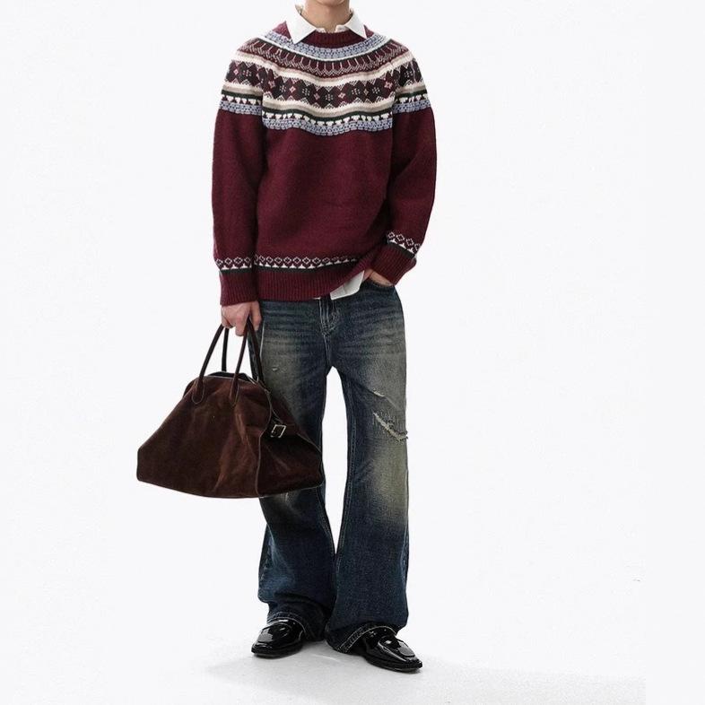 Trendy American Fair Isle Round Neck Sweater - Cozy Autumn/Winter Casual Knit for Couples