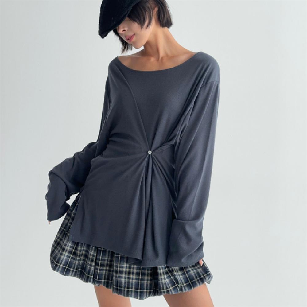 New Arrivals Open Run Women BoaT Neck Loose FiT One BuTTon SliT Long Sleeve T Sh