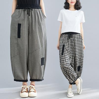 Summer Houndstooth Cotton and Linen Plus Size Loose Casual Bloomers Women
