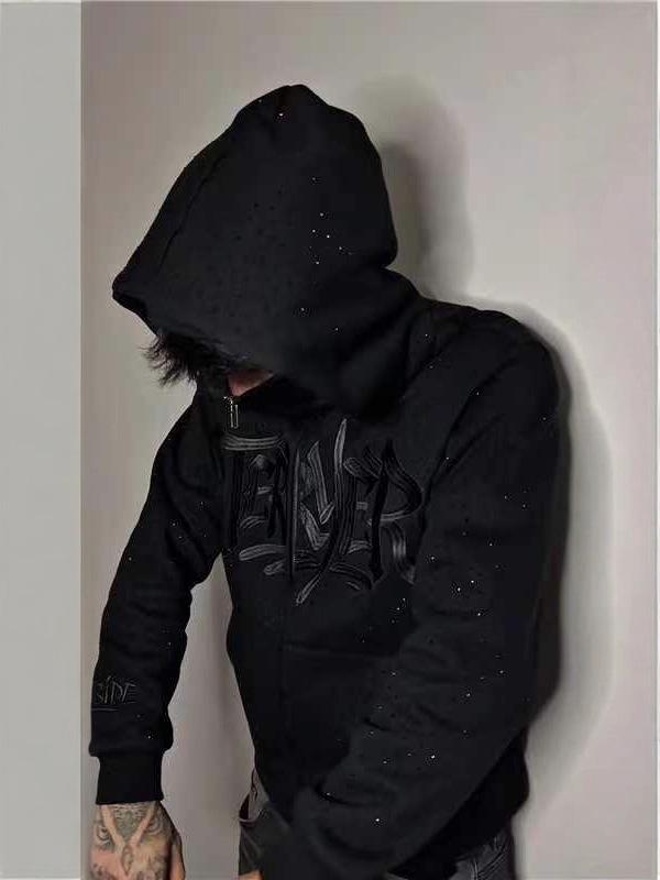 Unisex Dark Zipper Hoodie: Hot Drill Embroidery, Loose Fit, High Street Style
