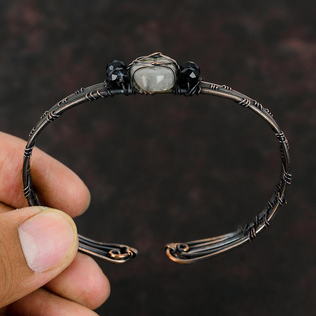 Black Rutile Copper Cuff Bracelet Black Onyx Beads Cuff Copper Wire Wrapped Jewelry Adjustable Bangle Gemstone Copper Cuff Handmade Bracelet