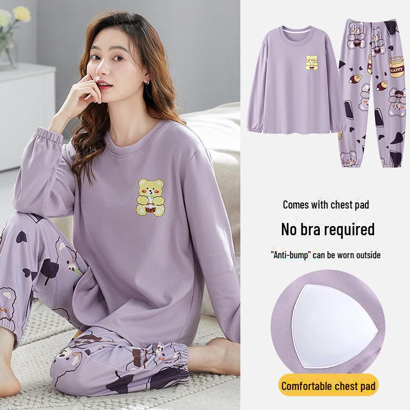 Pijama feminino de manga comprida com estampa de desenho animado e protetores de peito - algodão fino para uso interno/externo na primavera, outono e inverno