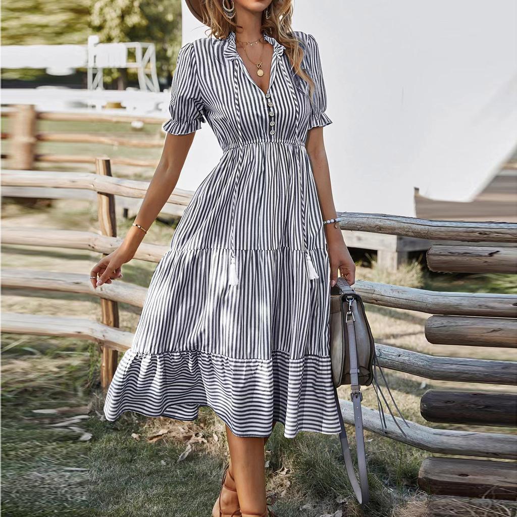 Women's New Summer  Striped V-neck Elastic Waist Short Sleeve Swing Dress