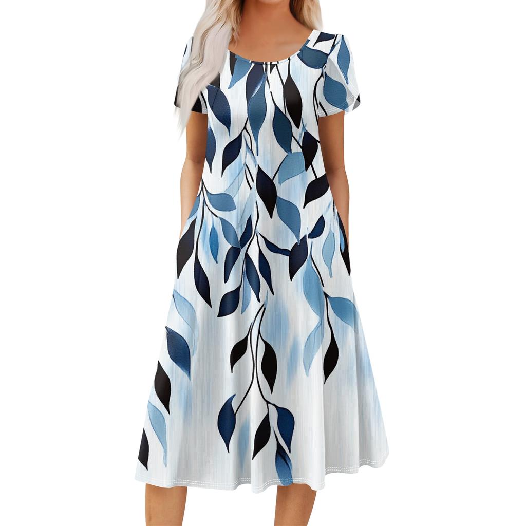 Women's Casual Fashion Round Neck Printed Short Sleeve Pocket Dress