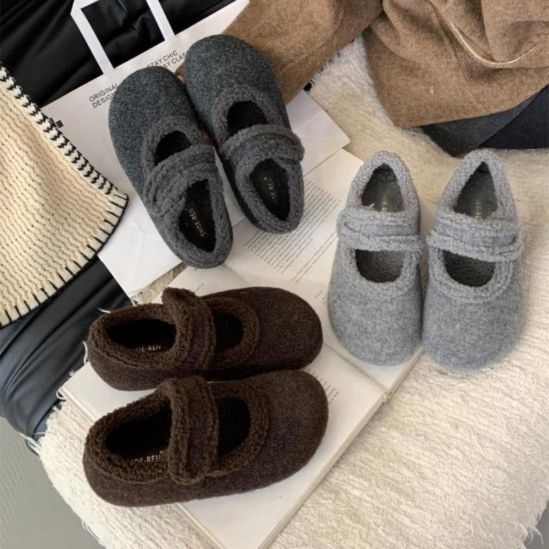 Fashion Thick Soled Fleece Flet Ballet Flats Woman Winter Warm Wool Mary Jane Shoes Ladies Brand Design Elegant Plush Loafers