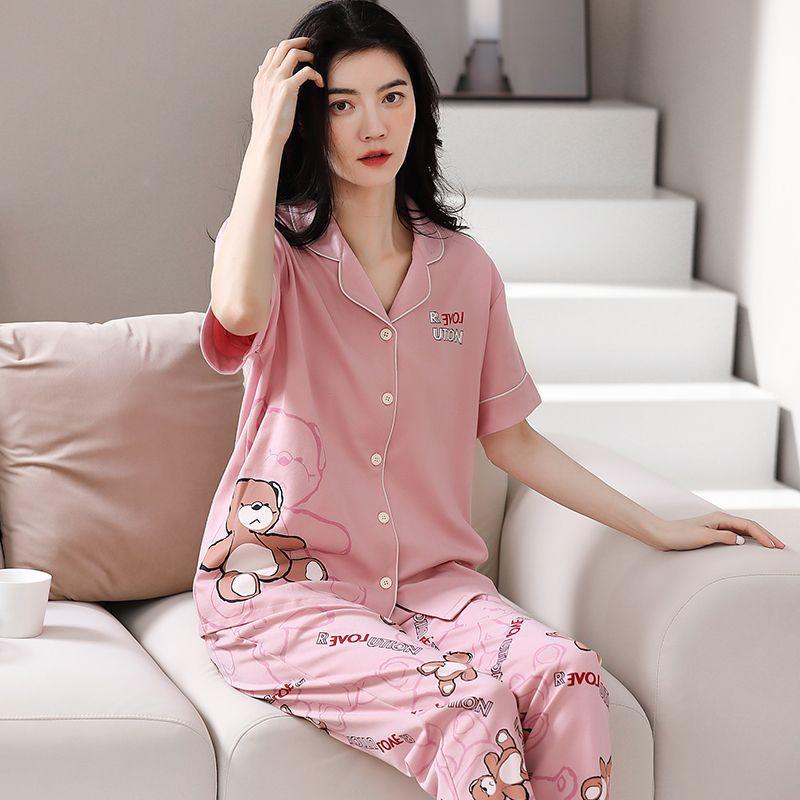 New pajamas women's summer short-sleeved trousers 100% pure cotton thin women's casual lapel mother loungewear set summer