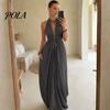 Rochie casual tip halteră plisată pentru femei, rochie maxi cu gât, decolteu adânc V, fără mâneci, fluidă, rochie de soare pentru vacanță la plajă, de vară, fluidă, cu buzunare, fustă lungă care subțiază