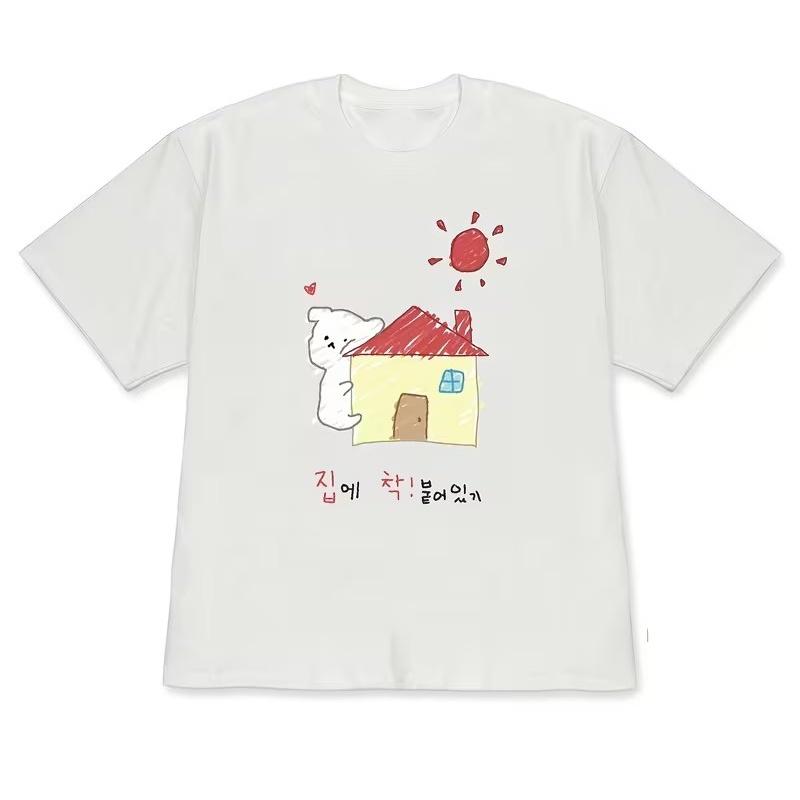 Cute Kids Drawing Print Casual Tee Aesthetic Graphic Tshirt Loose Fit Streetwear Funny Cartoon Design Top