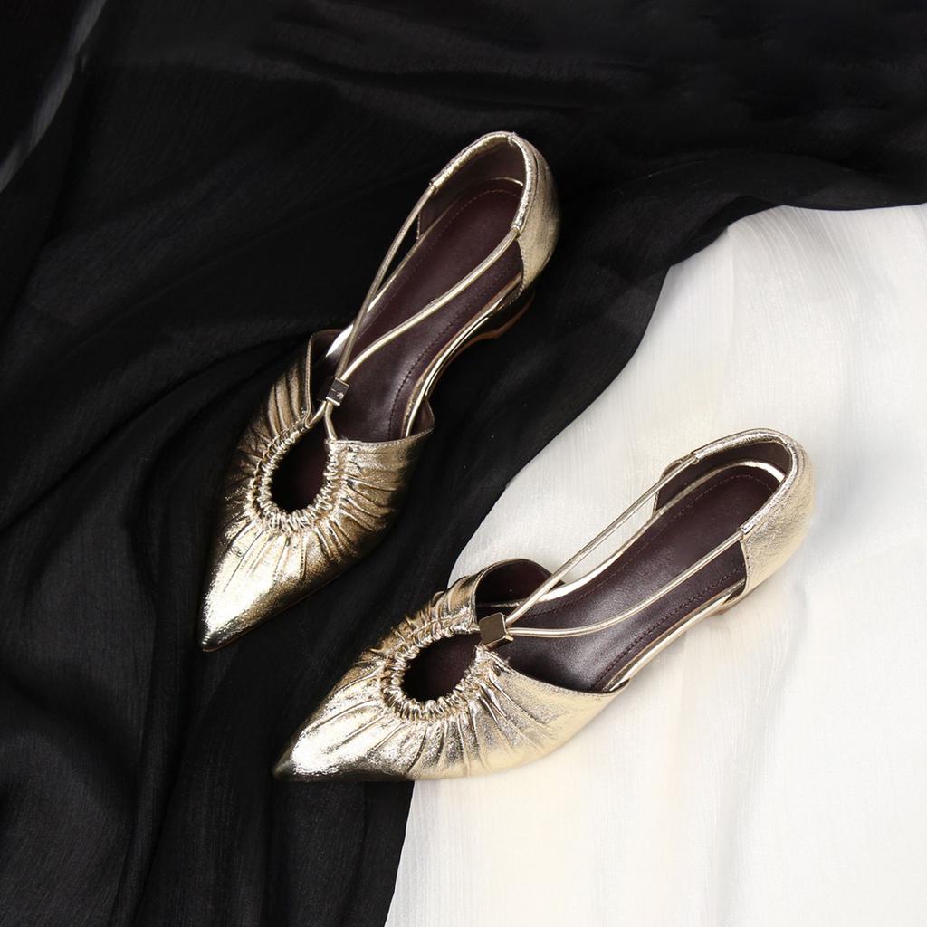 Sheepskin version~ Summer temperament single shoes pointed hollow pleated shoes Ou Ruofeng wears light mouth silver sandals