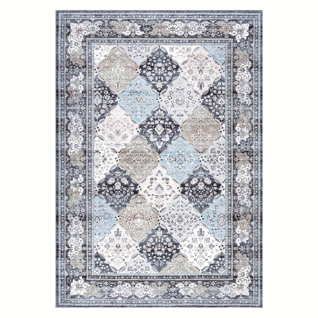 Vintage Floral Throw Rug Distressed Rug Non-Slip Flannel Indoor Floor Carpet for Bedroom Living Room Laundry, Blue, Home Décor