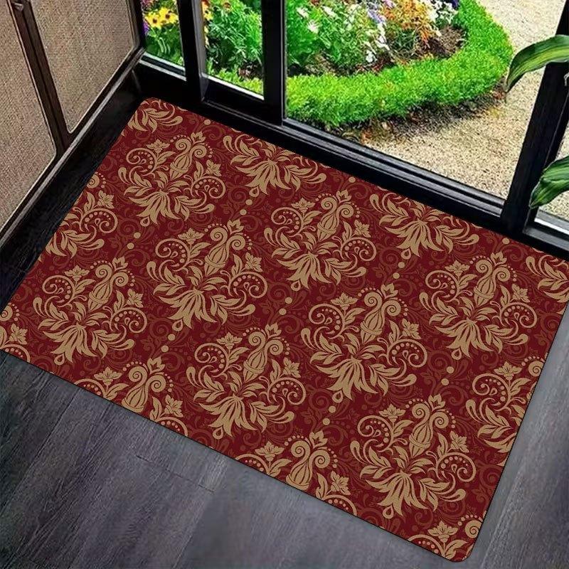 Vintage Red Gold Damask Doormat Elegant Floral Pattern Non Slip Entry Rug For Entryway Hallway And Classic Home Decor
