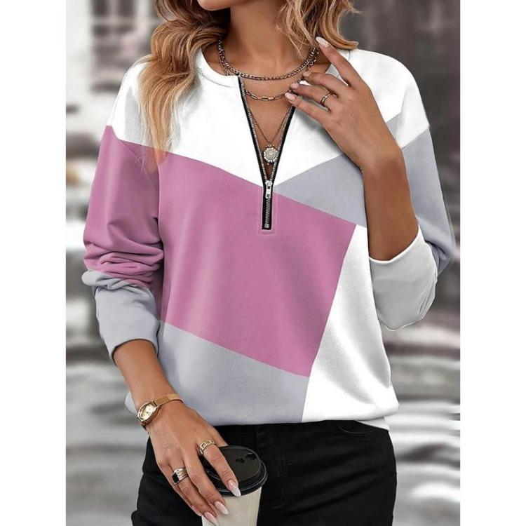 Color Block Printed V Neck T Shirts for Women Loose Casual Tops Long Sleeved High Street Autumn Geometry Zipper Clothes