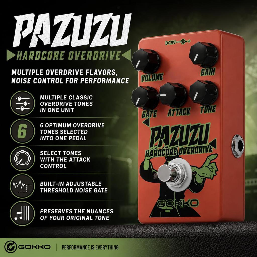 GOKKO OVERDRIVE A Overdrive Pedal with a Noise Ideal for Guitarists Seeking a Wide Range of Overdrive GK-62 - Multi-tone Built-in Gate. Tones.