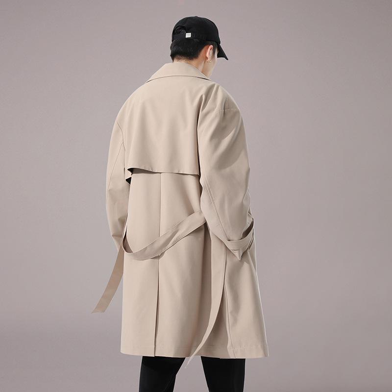 Men's Double-Breasted Mid-Length Windbreaker – Casual Trendy Solid Color Hong Kong Style Outerwear
