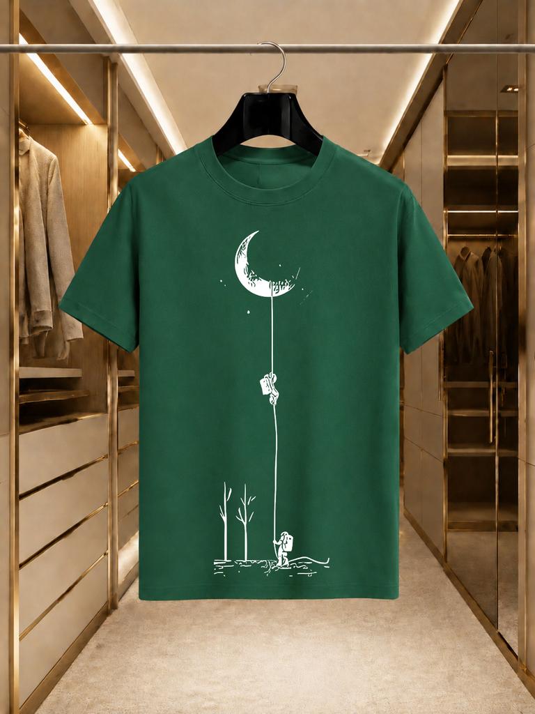 2026 New Arrival 100 Cotton Tshirt Astronaut Climbing Crescent Moon Creative Silhouette Print Crew Neck Tops Unisex Ins Style Loo