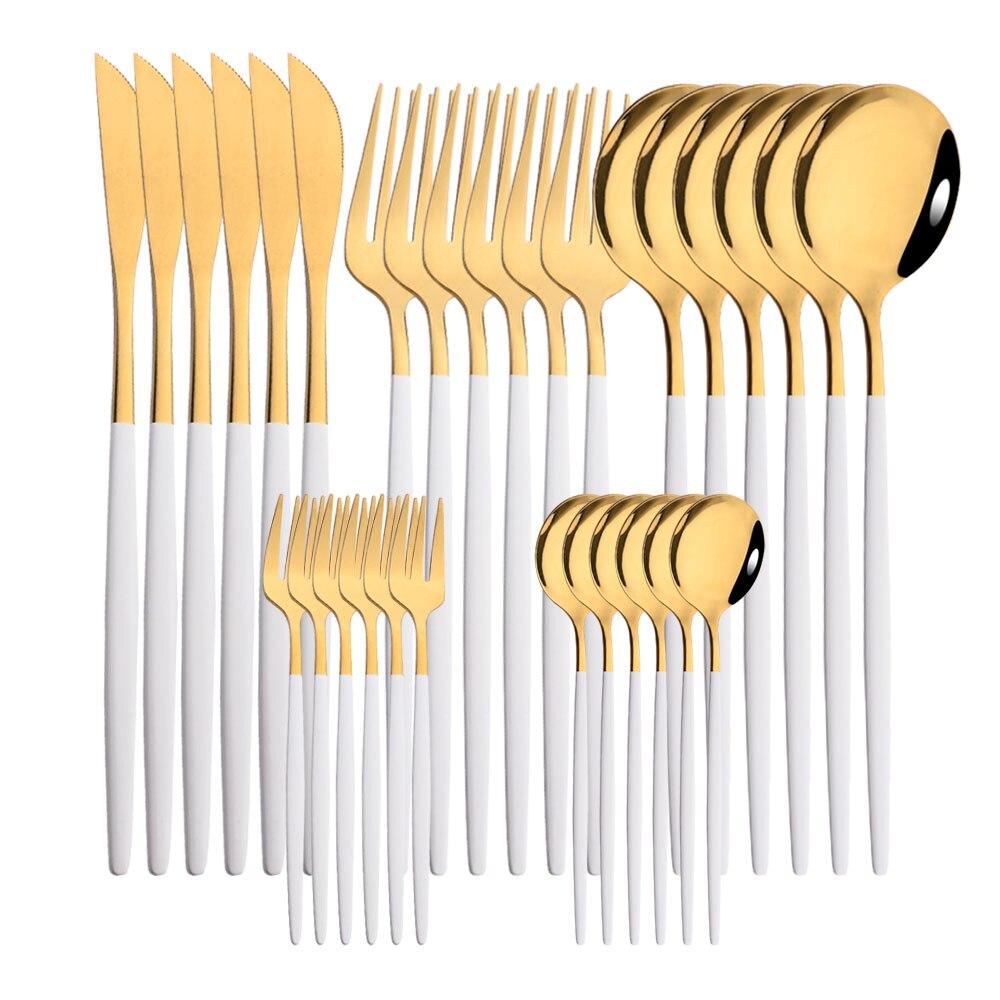 30pcs Gold Dinnerware Set Stainless Steel Cutlery Set Steak Knife Fork Coffee Spoon Flatware Cake Fork Teaspoon Silverware Western Kitchen Tableware