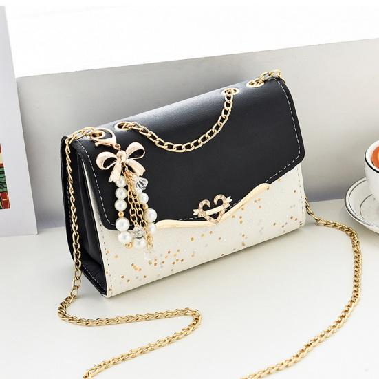 Women Shoulder Bag Faux Pearl Bow Pendant Decor Sequin Hard Shell Faux Leather Crossbody Bag Commuting Travel
