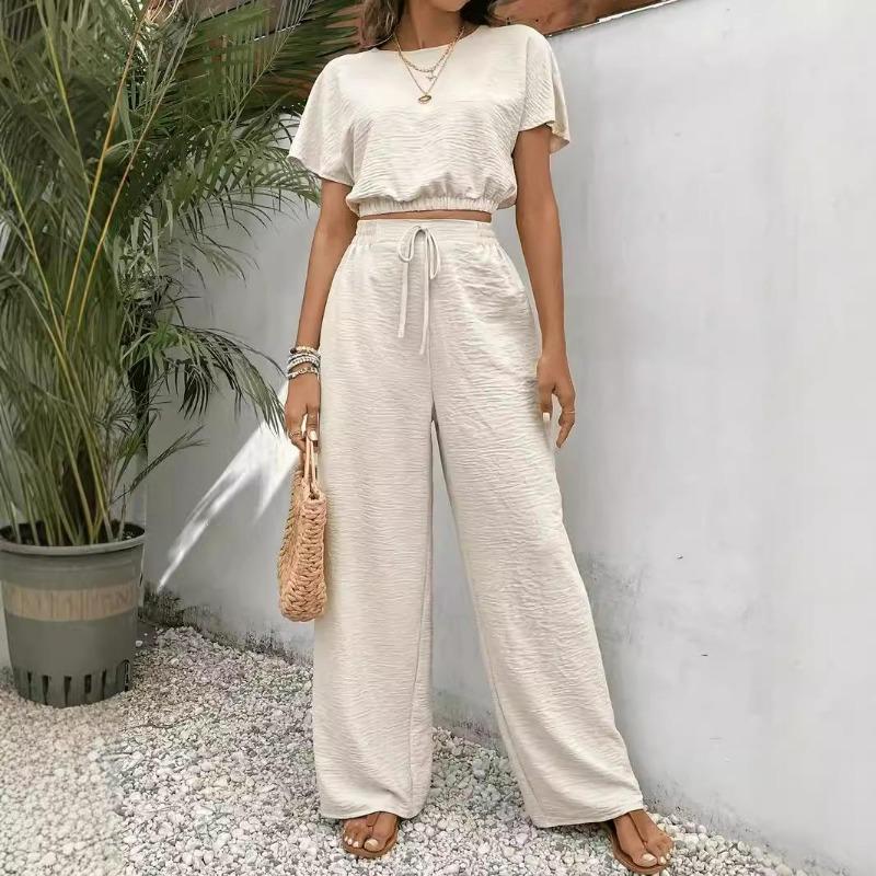 Women's 2 Piece Outfit Short Sleeve Top and High Waist Wide Leg Pants Casual Summer Lounge Set