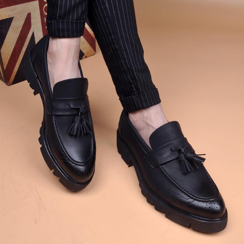 

men s fashion business wedding formal dress shoes slip-on tassels shoe black tide original leather loafers platform footwear man 270 чёрный