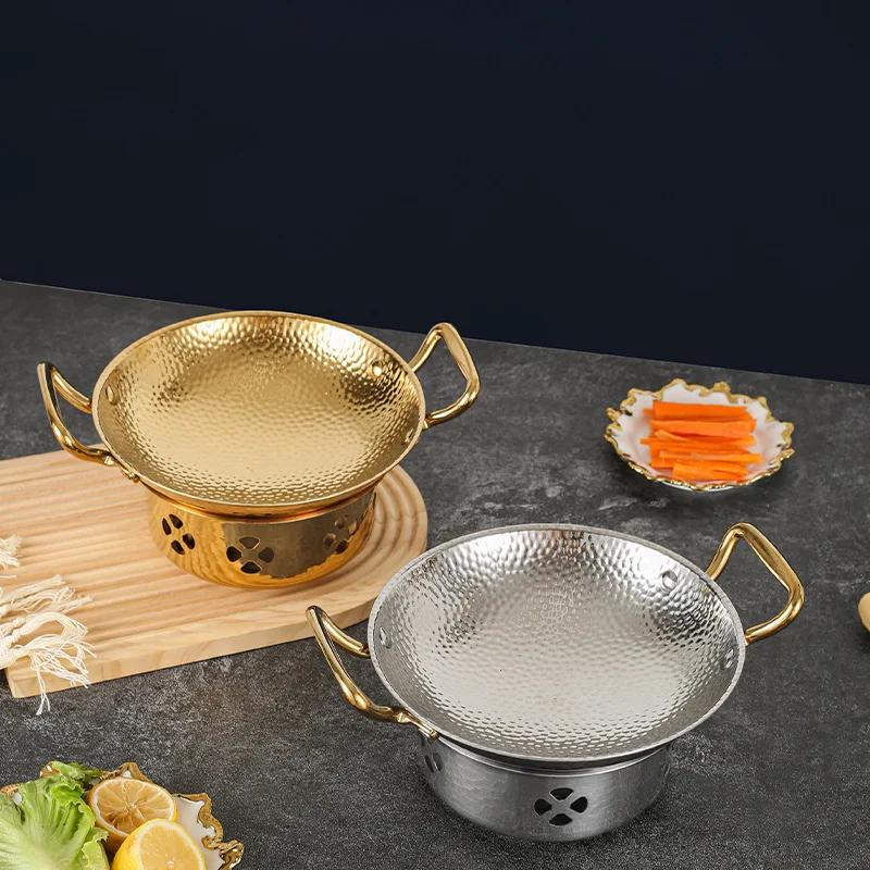 Thickened stainless steel dry pot set with snowflake hammer pattern pot, gold double ear household and commercial dry pot