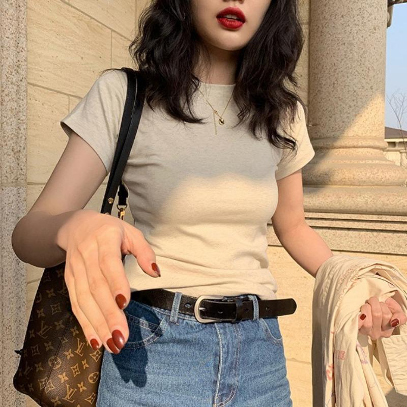 Fashon Sommer Slim Fit Casual T-Shirt Damen Kurzarm Rundhals Damen T-Shirt Tops Uni Schlicht Büro Damen T-Shirts Kleidung 24487