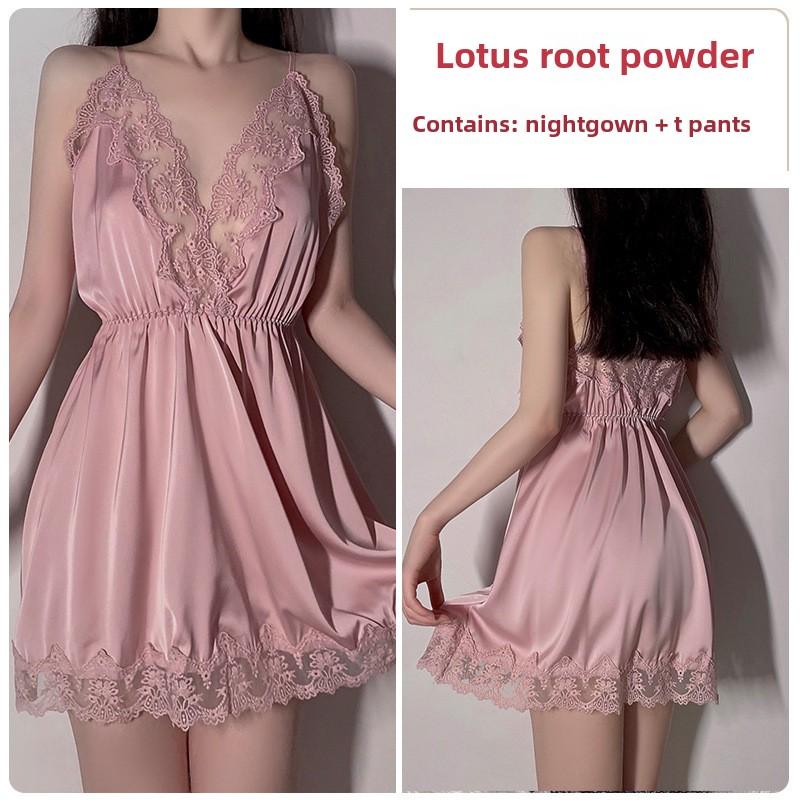Sexy Camicia da Notte con Scollo a V Profondo e Maniche Lunghe, Allacciatura, Raso, Pizzo, Set Pigiama/Loungewear con Gonnellino Sospensorio in Pizzo