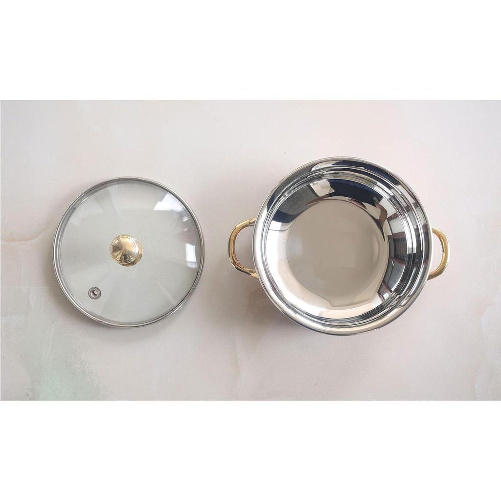 Steel Copper Handi with Brass Handle & Glass Lid No. 3, Serveware Casserole with Handle (Volume - 700 Ml)