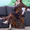 Vintage Kleider mit Blumendruck Frühling Herbst Langarm Damenbekleidung Schlank Elegant V-Ausschnitt Stilvoll A-Linie Taille Langes Kleid