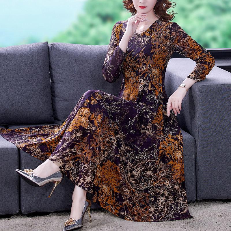 Vintage Kleider mit Blumendruck Frühling Herbst Langarm Damenbekleidung Schlank Elegant V-Ausschnitt Stilvoll A-Linie Taille Langes Kleid