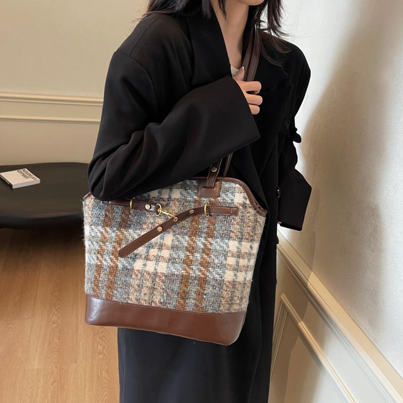 Karierte Einkaufstasche mit großer Kapazität, Umhängetasche für Damen, Vintage-Rucksack