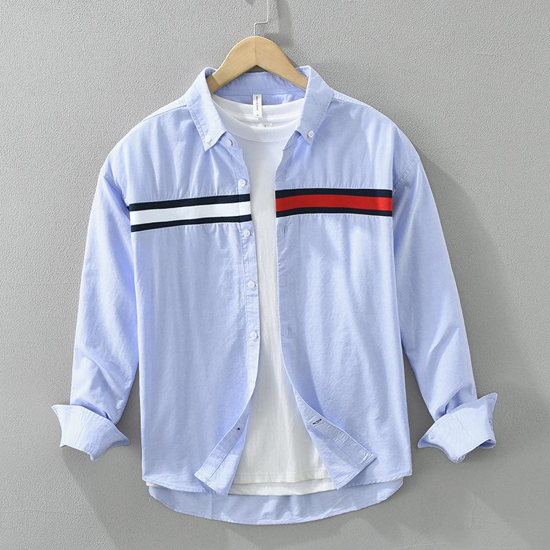 

Корейская мода с длинным рукавом мужские рубашки весна и лето чистый хлопок белая рубашка повседневная отложной воротник полосатая рубашка молодежная M синий