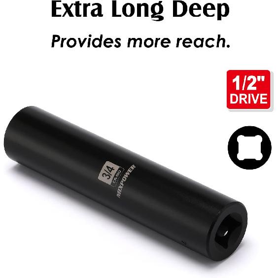 MIXPOWER 1/2" Dr. x 3/4-inch Extra Long Deep, 6 Point Impact Socket, Cr-Mo Alloy Steel, Radius Corner Design, Dual Size Markings, 5 inch Length
