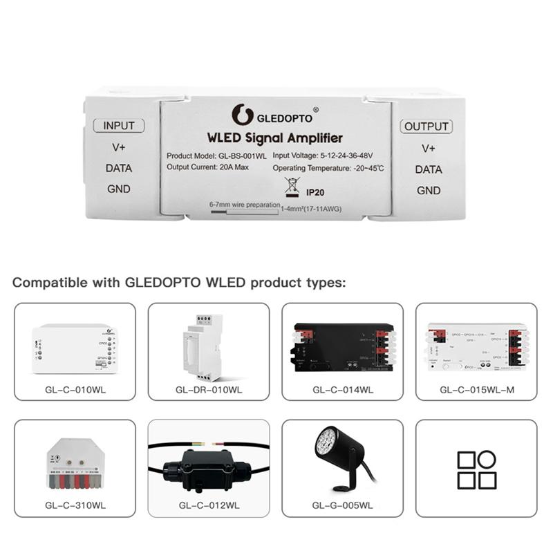 A44Z-GLEDOPTO WLED Signal Amplifier 10M Extension Flicker-Free LED Strip Enhancer For WS2811 WS2812 SK6812 Digital Controller